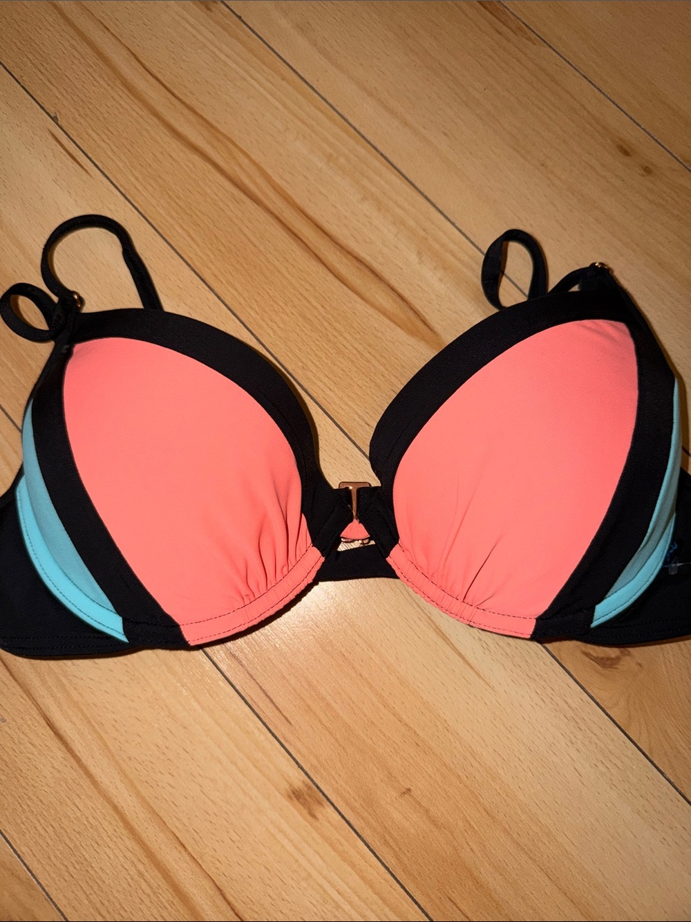 La Vie En Rose Coral and Aqua Contrast Bikini Top with Black Trim